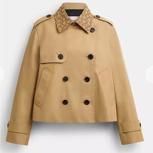 Coach Short Trench Coat with Signature Color Women's Tan Double-Breasted Jacket